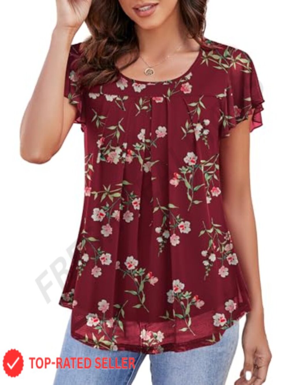Womens Ruffle Sleeve Mesh Tunic Blouse Sheer Casual Summer Top